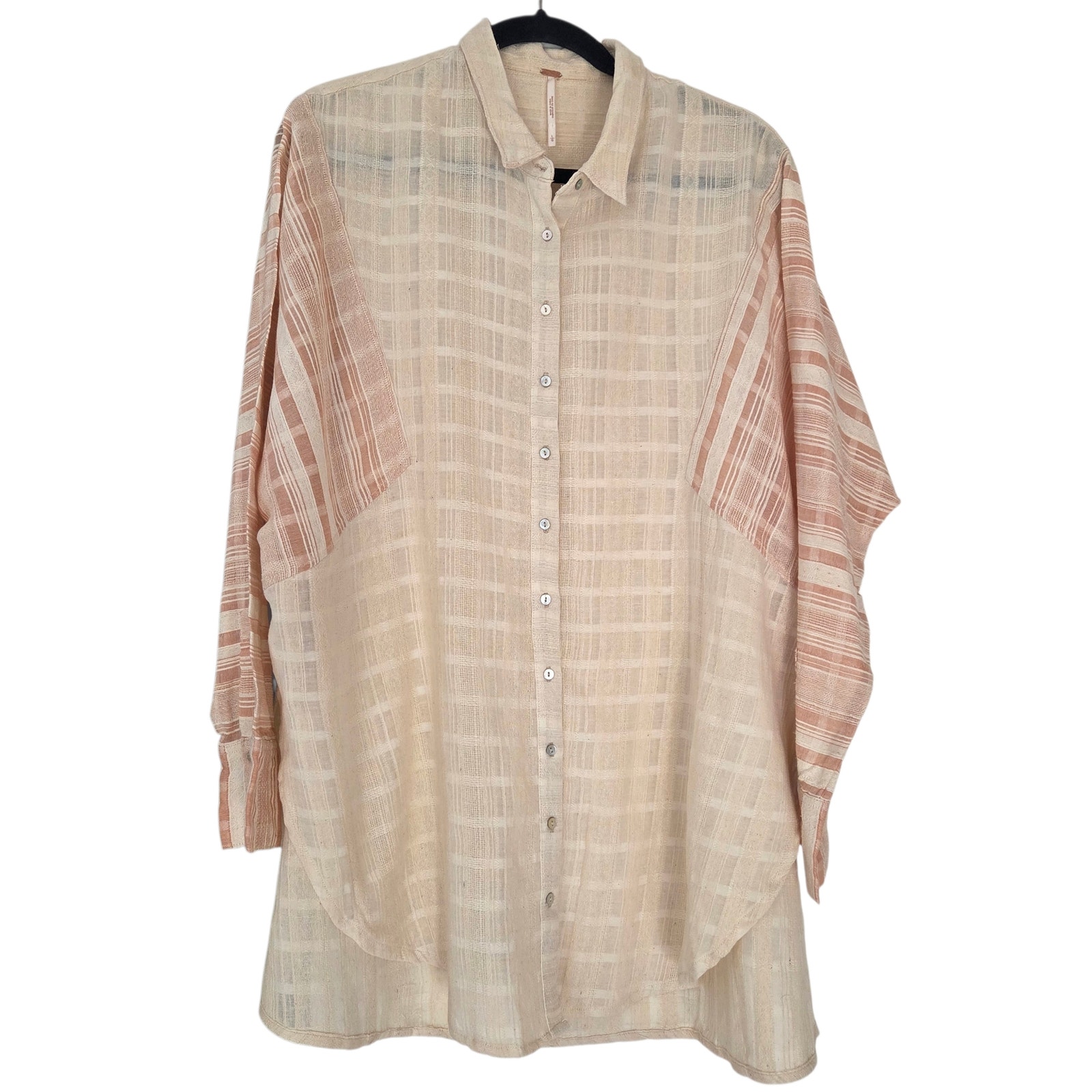 Free People Gauzy Plaid Blouse, Lightweight Sz Large Semi-Sheer, Cotton